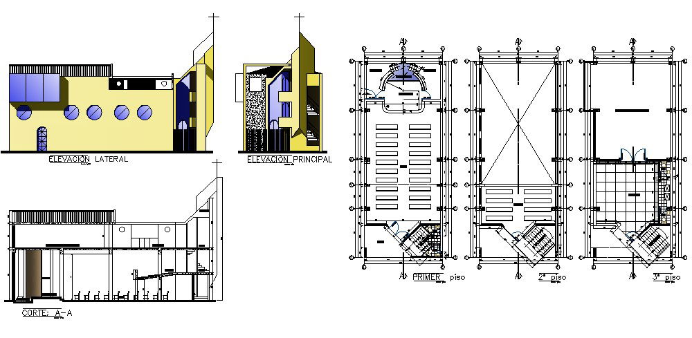 Plan of building with different elevation in dwg file