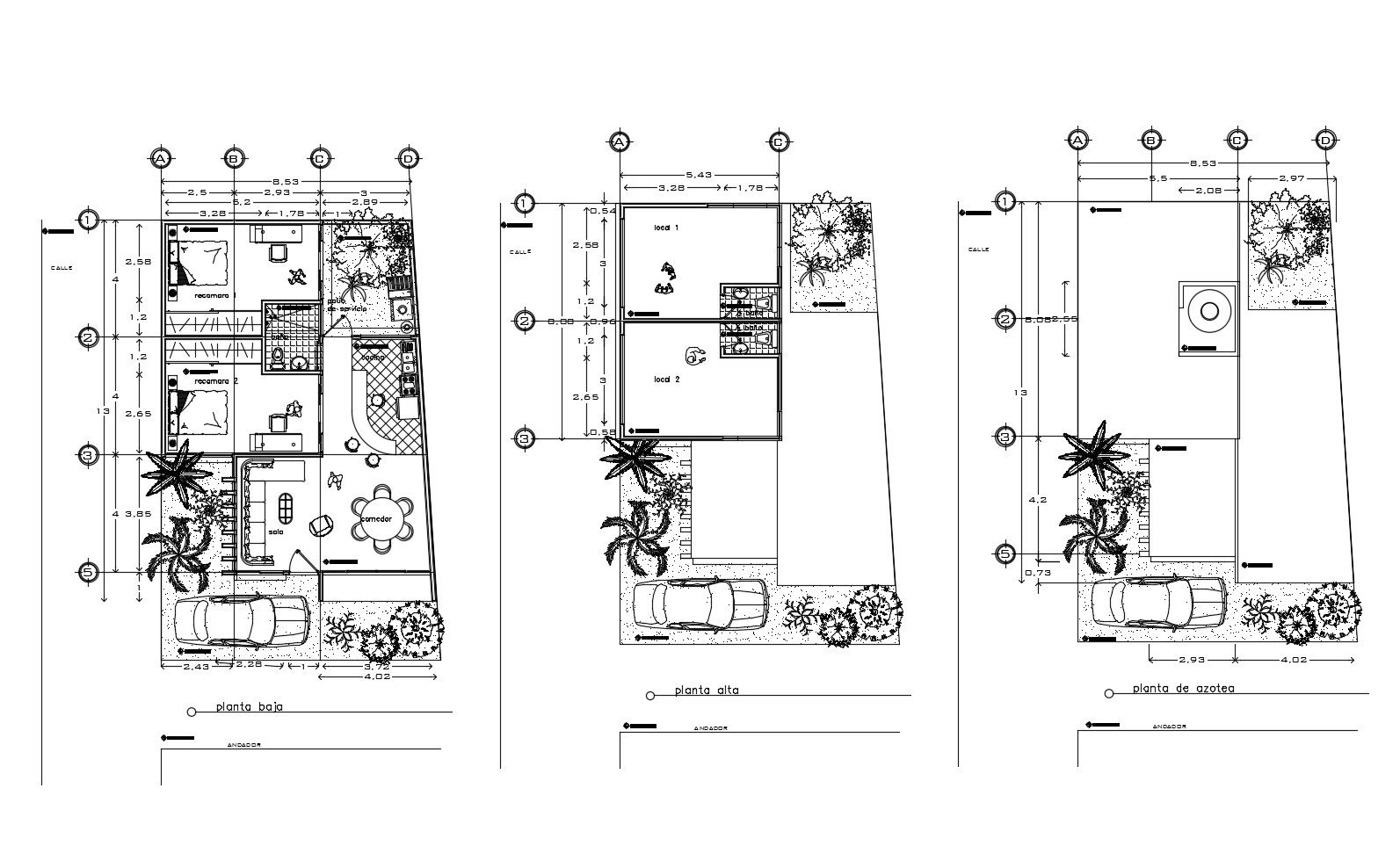 Plan of bungalow 8.53mtr x 13mtr with details dimension in dwg file
