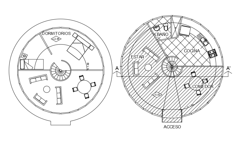 Plan of dome shape house with architecture view dwg file