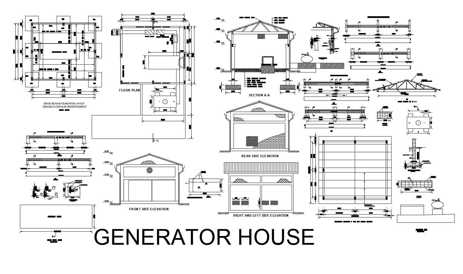 Plan of generator house with elevation and section in dwg file