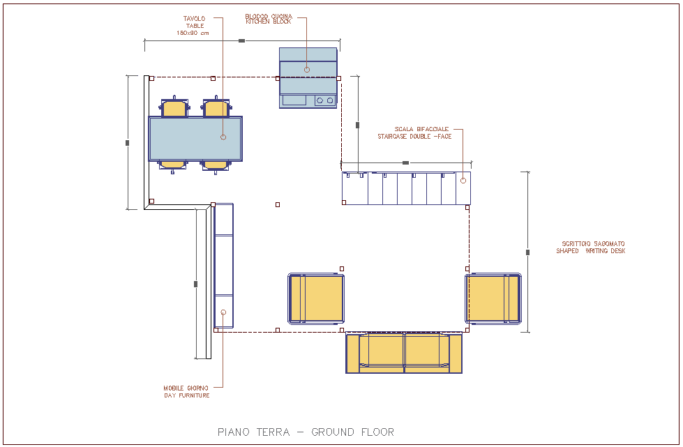 Plan of ground floor view of house with furniture view dwg file