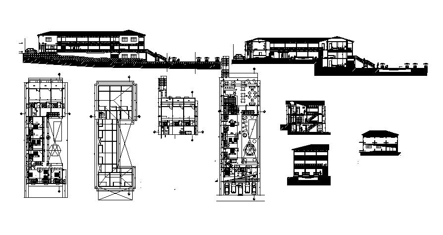 Plan of guest house 12.50mtr 42.84mtr with elevation and section in dwg file
