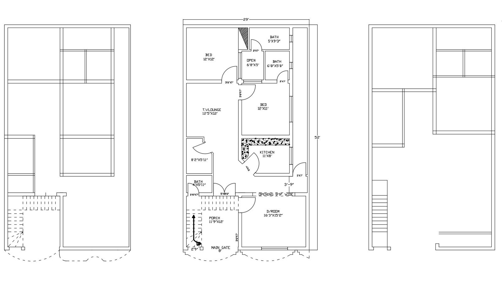 Plan of house 29' x 52' with detail dimension in dwg file