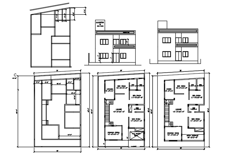 Plan of house 35' x 55'6'' with detail dimension in dwg file