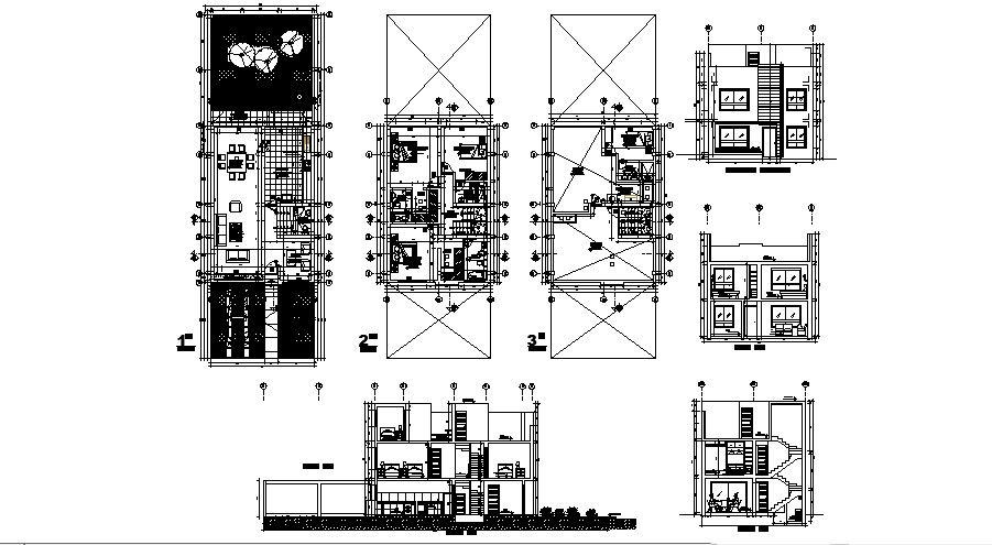 Plan of house 7.55mtr x 11.43mtr with section and elevation in dwg file