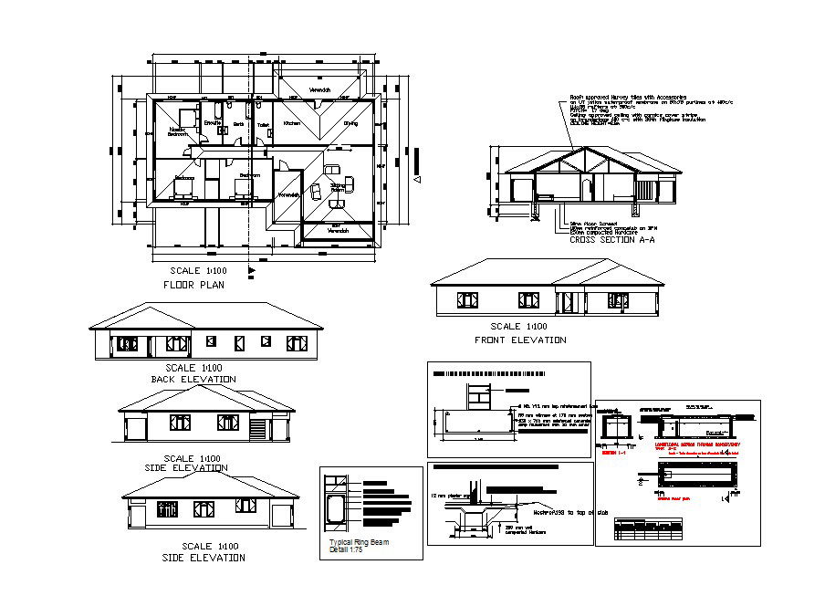 Plan of house design with elevation details in autocad