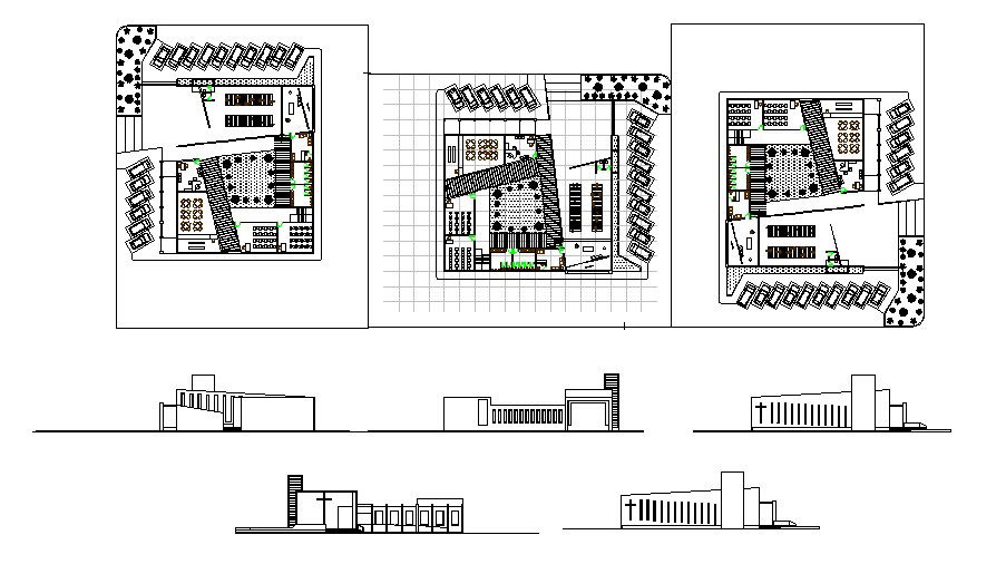 Plan of modern church with section and elevation in dwg file