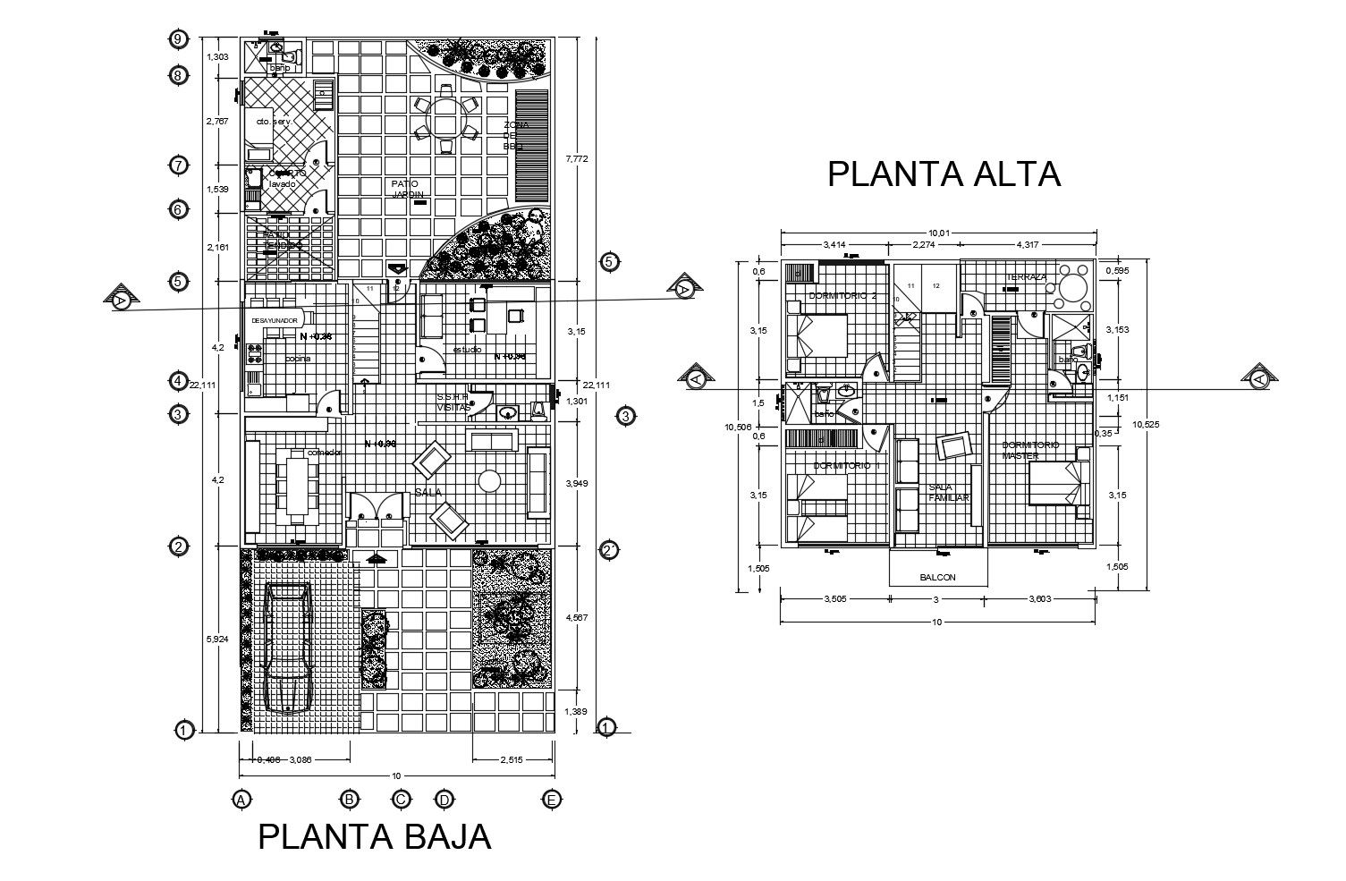 Plan of residential house 10.000mtr x 22.111mtr with detail dimension in dwg file