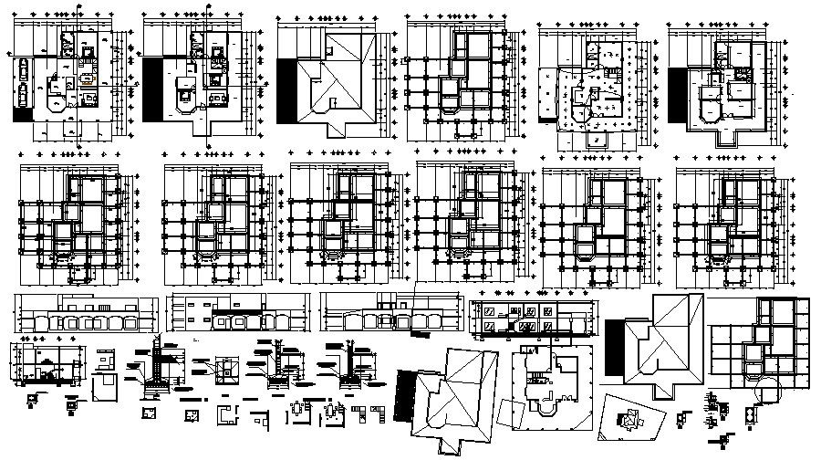 Plan of residential house 20.05mtr x 21.38mtr with elevation and section in AutoCAD