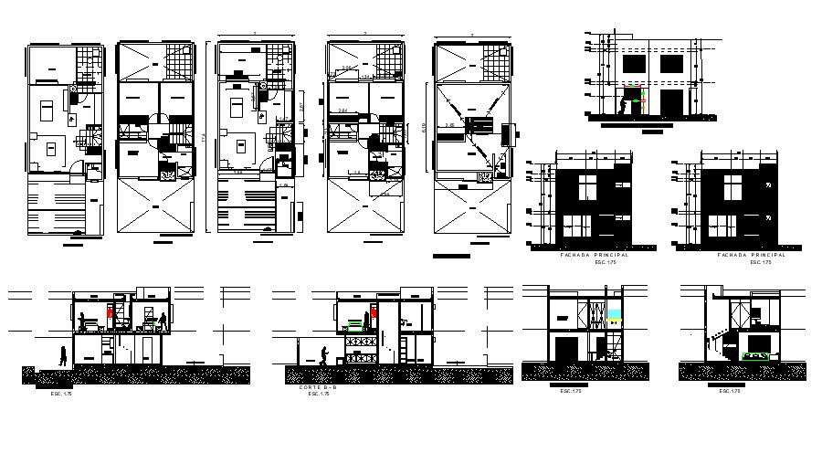 Plan of residential house 7mtr x 17.4mtr with different section and elevation in AutoCAD