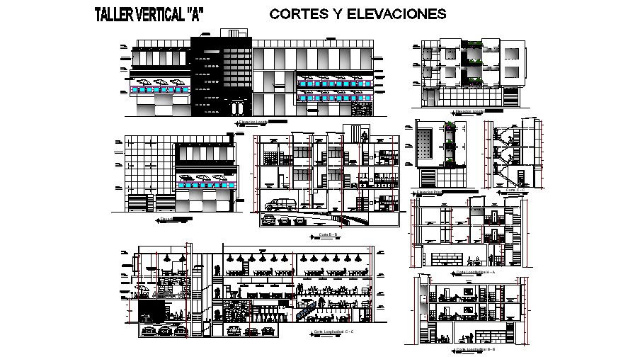 Plan of restaurant building with section and elevation in dwg file