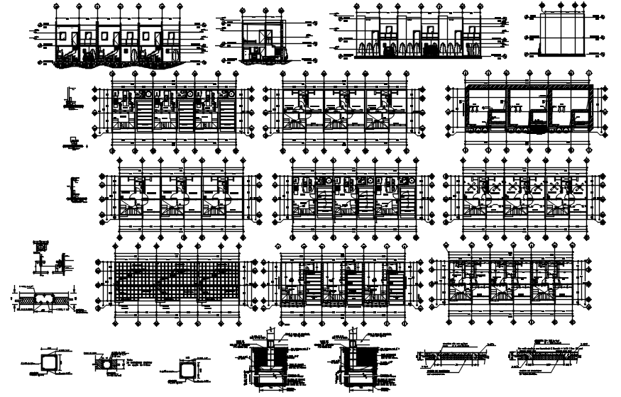 Plan of row house with foundation structure details in dwg file