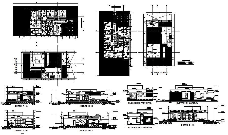 Plan of the bungalow with different elevation and section in dwg file
