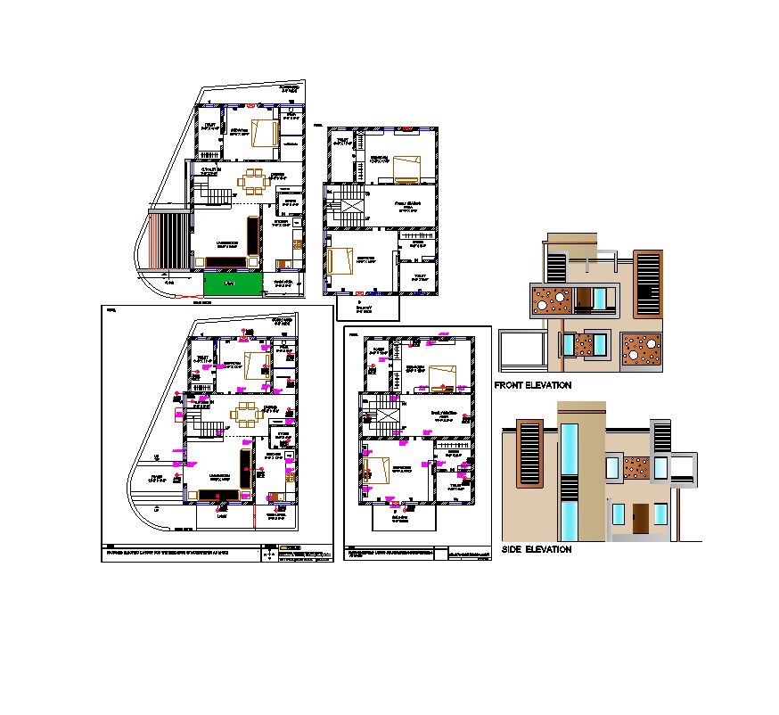 Plan of the bungalow with elevation details in autocad
