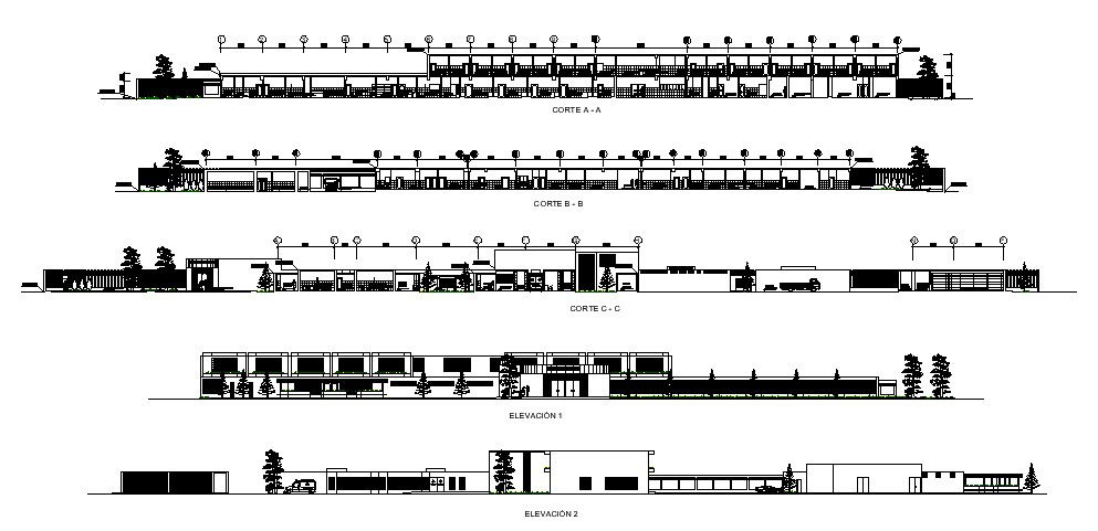 Plan of the hospital with different section and elevation in dwg file