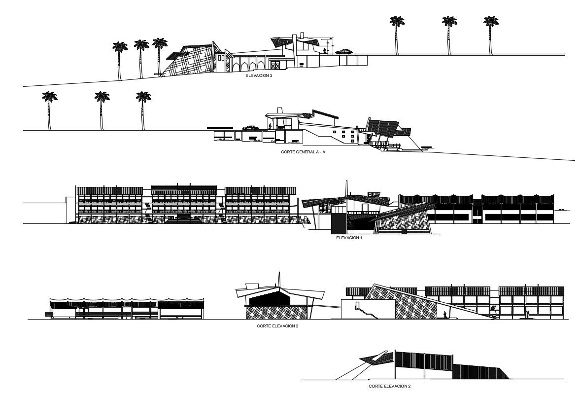Plan of the hotel with elevation and section in dwg file