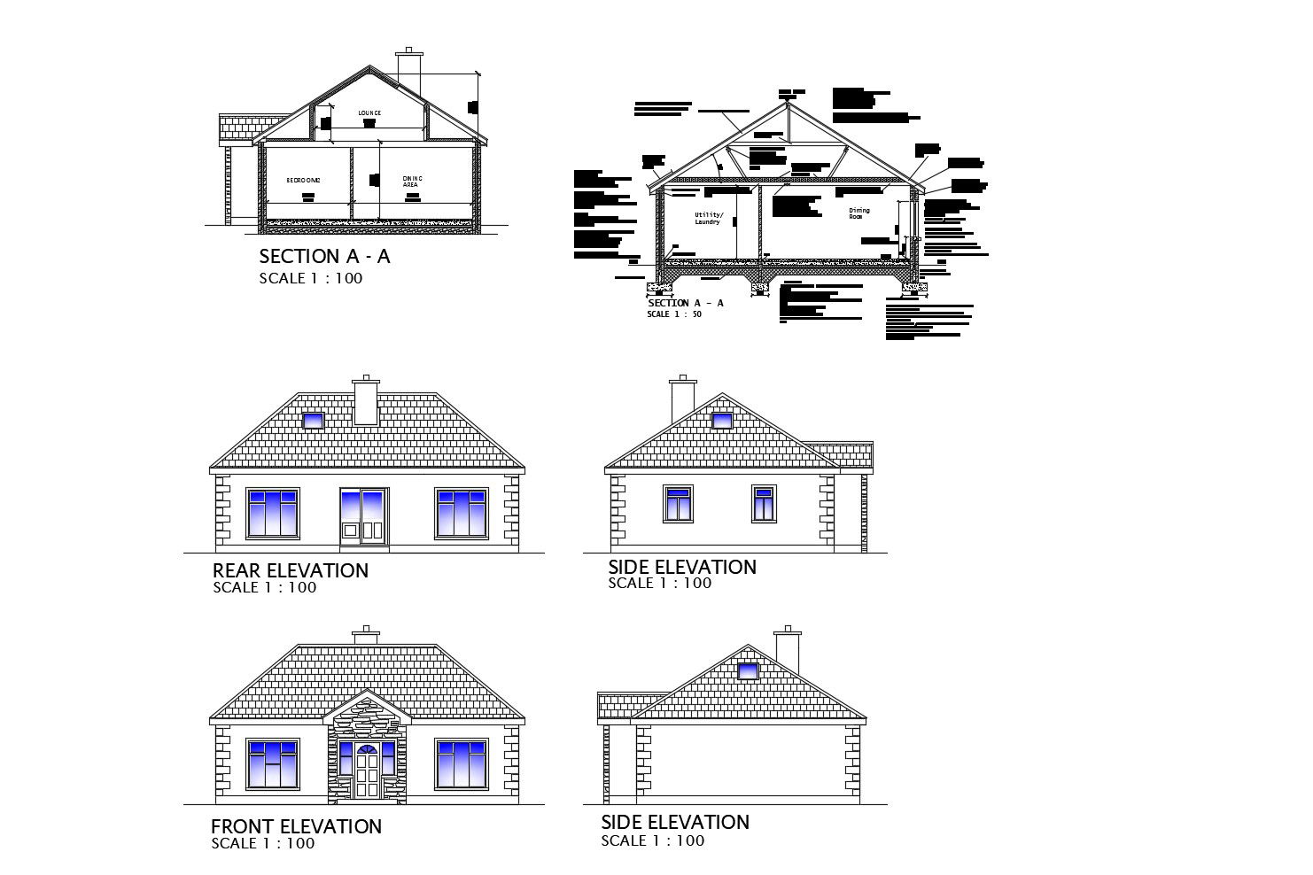 Plan of the house with elevation and section in dwg file