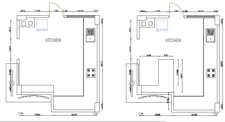 Plan of the kitchen with detail dimension in dwg file