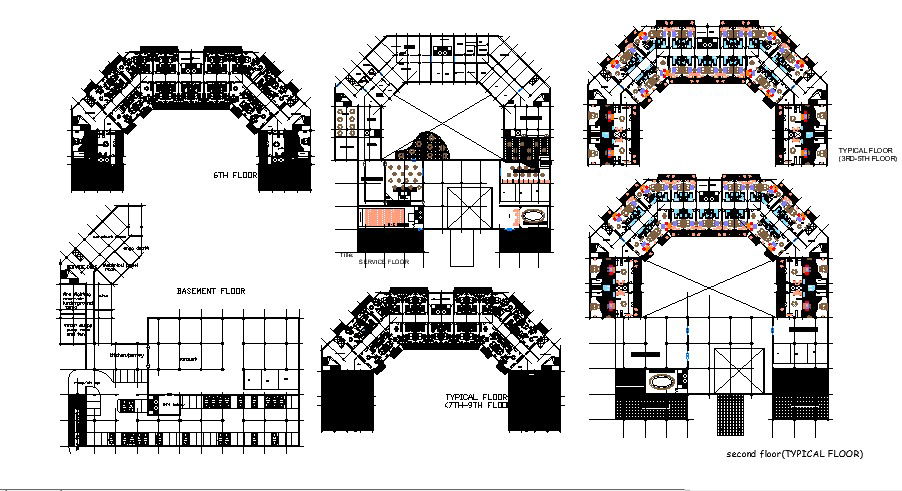 Plan of the multistorey hotel building with detail dimension in autocad