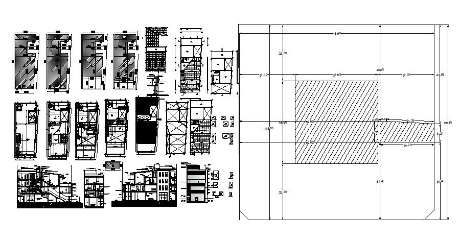 Plan of the office building with elevation and section in dwg file