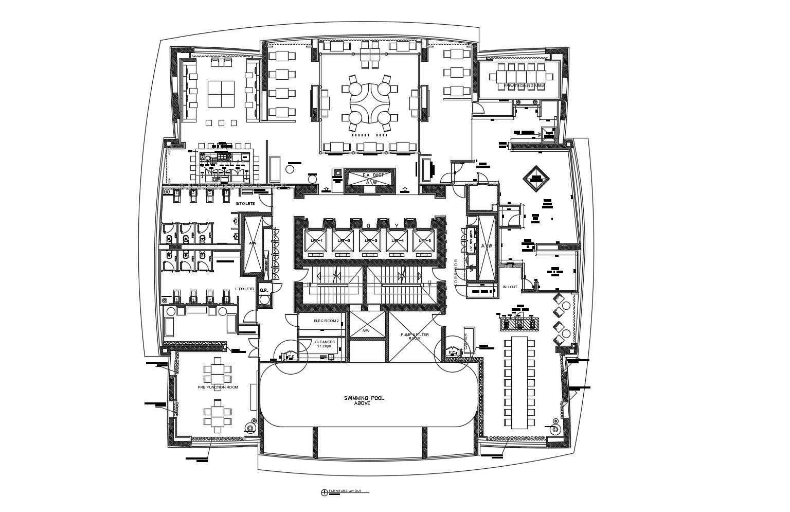 Plan of the restaurant with furniture detail in dwg file