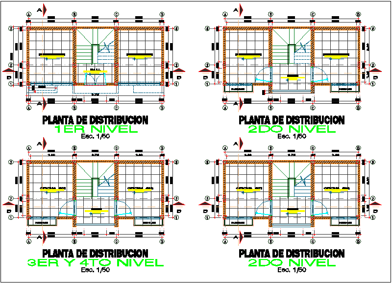 Plan view detail of 4 flooring building dwg file