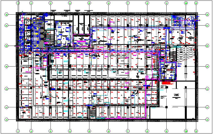 Plan with pipe line view for HV,duct and water line dwg file