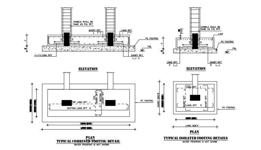 Plan And Elevation of typically combined and isolated Footing details.