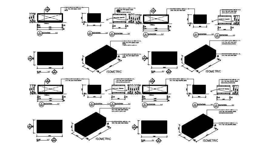 TV Unit Plan, Elevation and Isometric View CAD Drawing