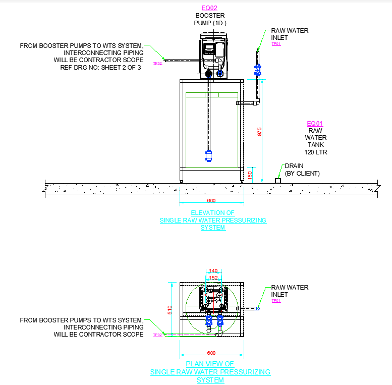 Plan and Elevation CAD Drawing for Water Storage Tank with Pump DWG File