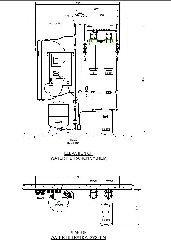 Plan and Elevation Detail Of Water Filtration System CAD Drawing In DWG File