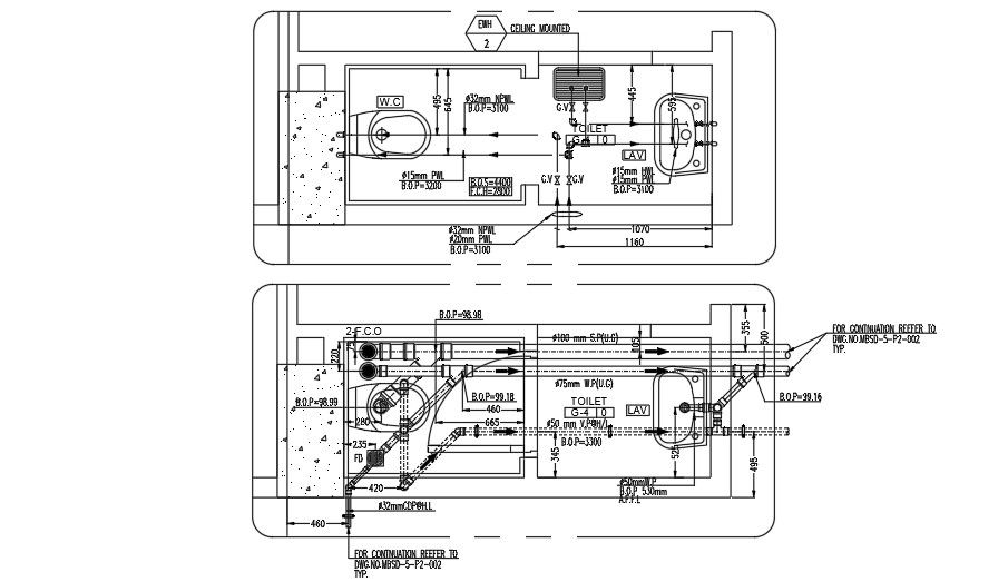 Plan and Plumbing layout of Toilet.