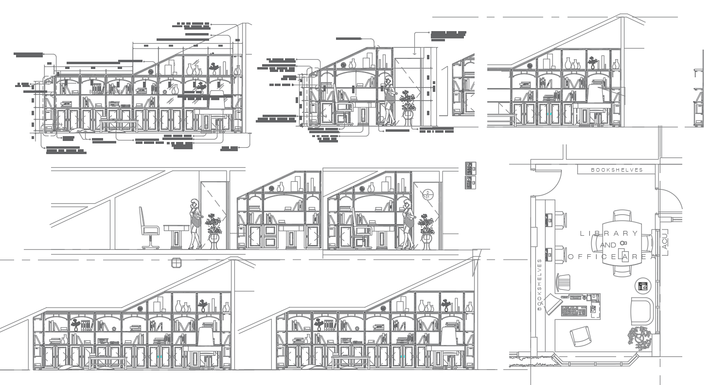 Plan and Section Details for Library and Office Area In DWG File