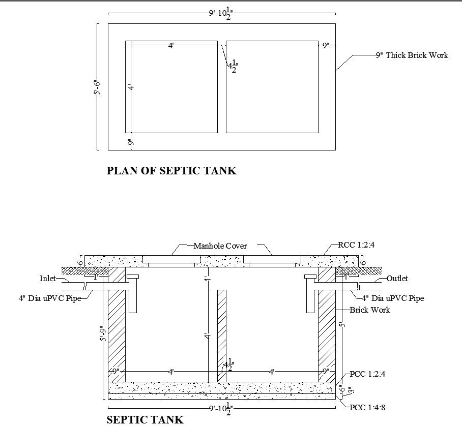 Plan and Section for Septic Tank Design CAD Drawing In DWG File