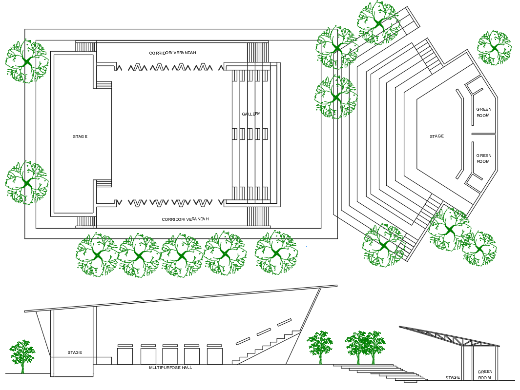Plan and Side Elevation Detail for Multi-Purpose Hall In DWG File