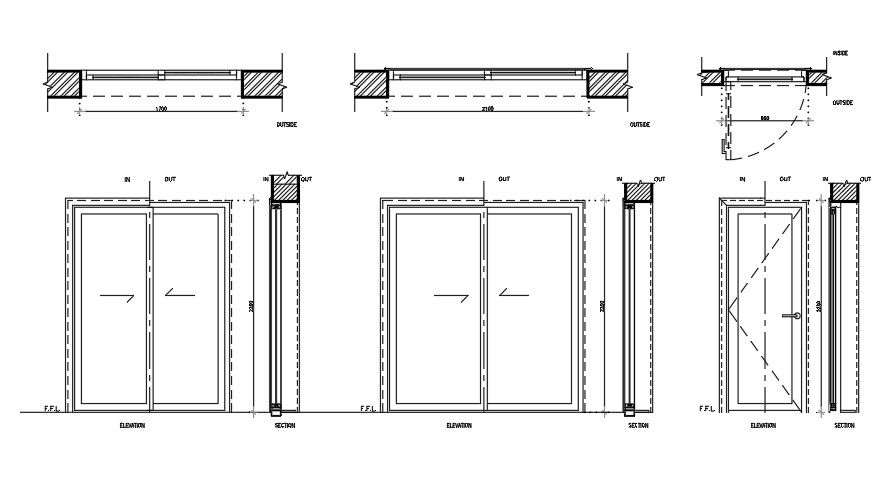 Plan and elevation of door and sliding door of different sizes.