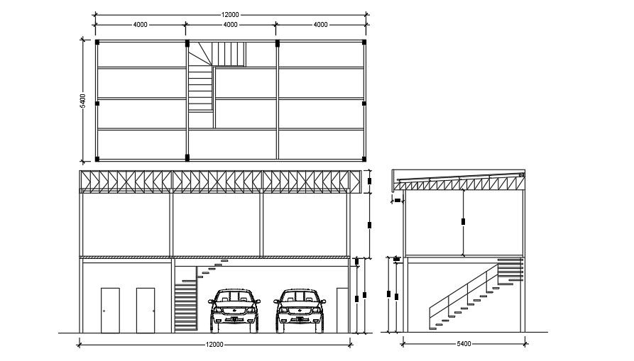 Plan and elevation of two story residential building.