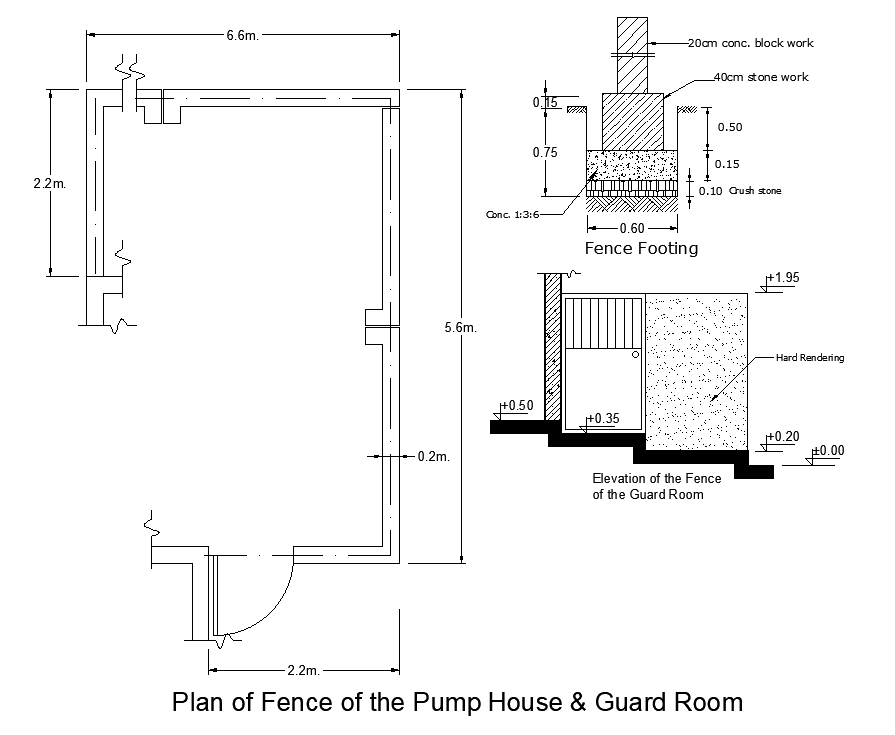 Plan and fence plan of the pump house and guard room AutoCAD drawing