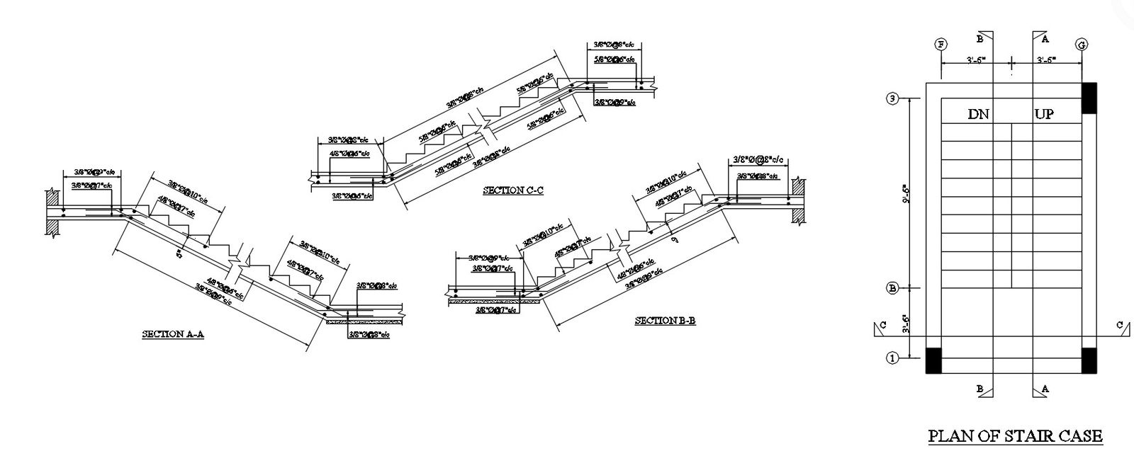 Plan and section design of staircase in AutoCAD 2D drawing, CAD file, dwg file