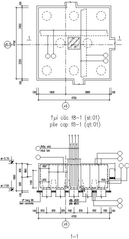 Plan and section drawing of pile caps details.