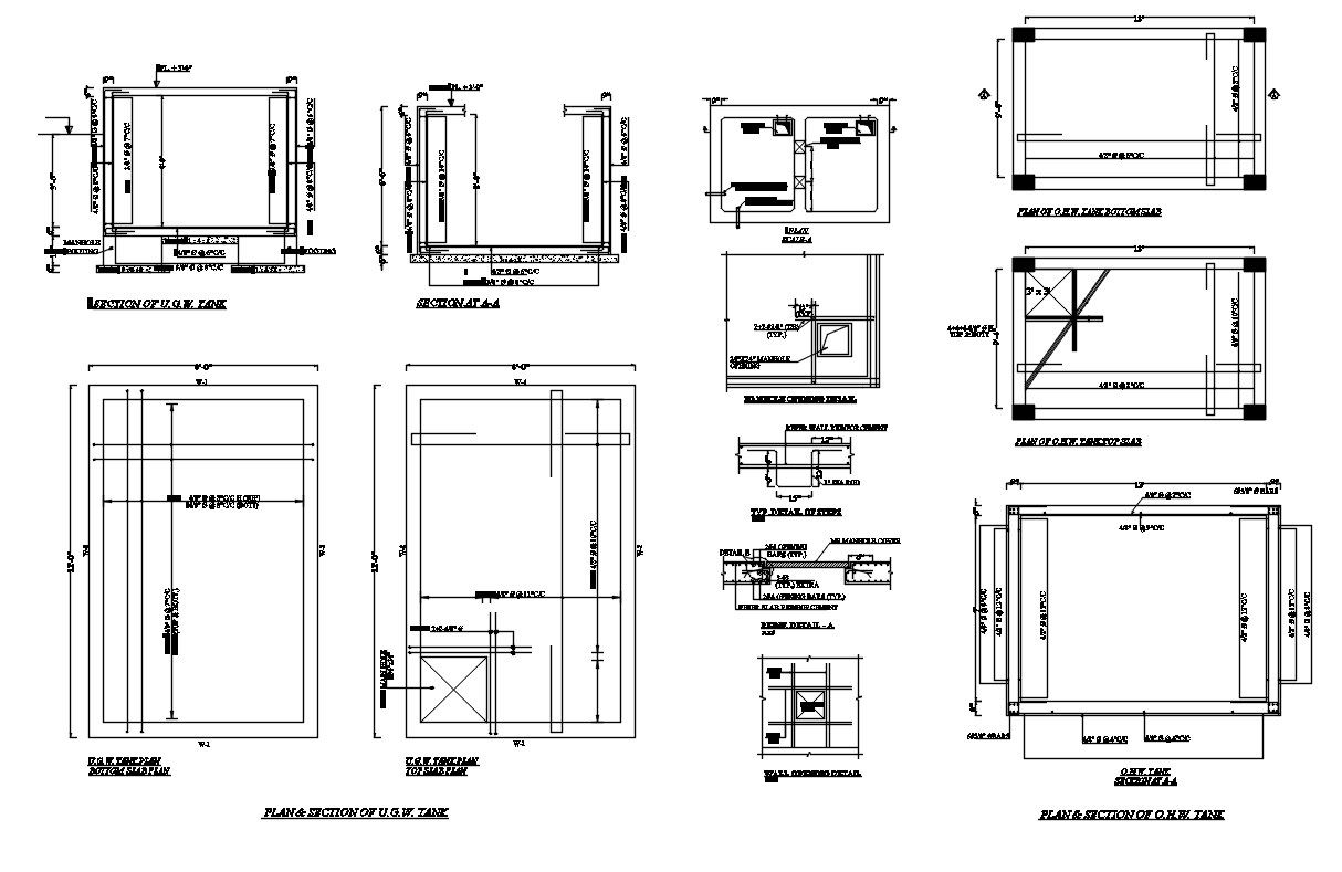 Plan and section of underground water tank and overhead water tank in AutoCAD 2D drawing, CAD file, dwg file