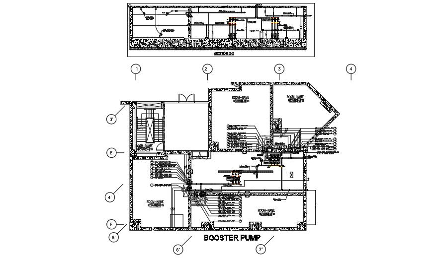Plan and section of water tanks in commercial building.