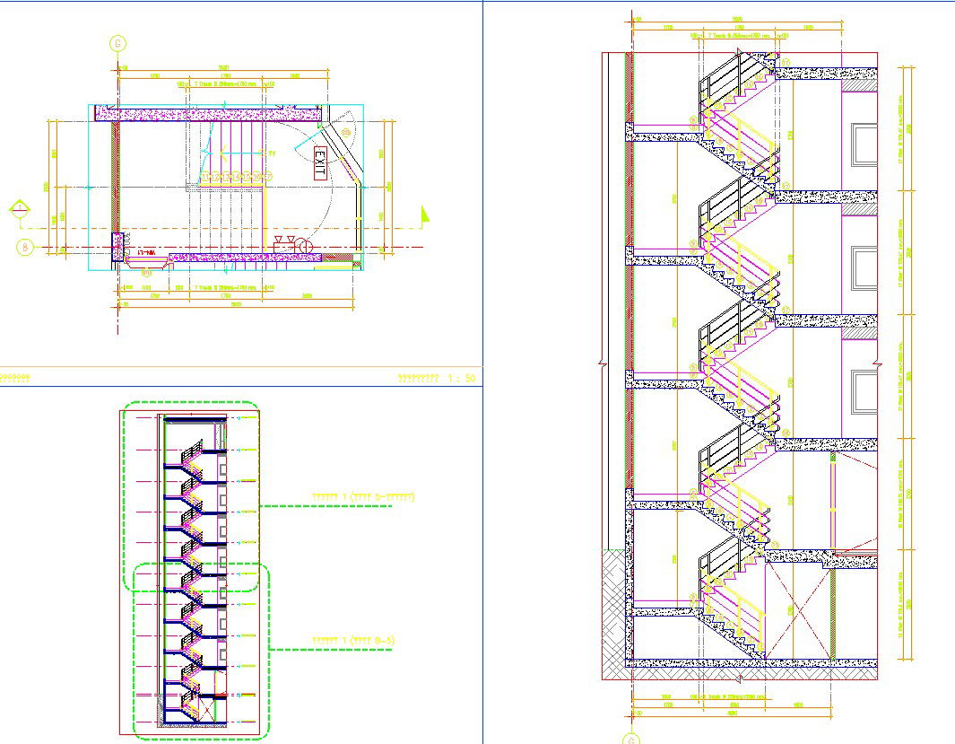Plan, elevation and section details of staircase in AutoCAD, dwg file.
