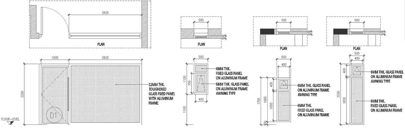 Plan of 6mm thick Glass panel on aluminum frame awning  Detail DWG AutoCAD file