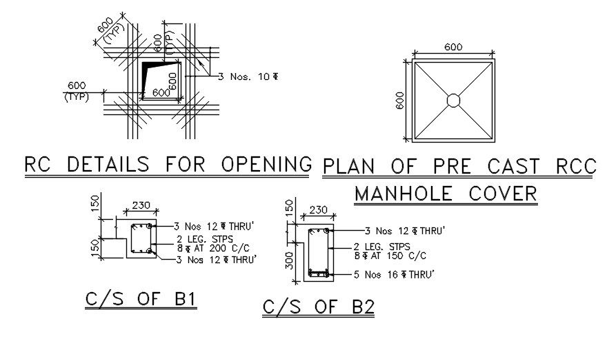 Plan of Precast Manhole cover and RCC detail. Download the AutoCAD DWG file.