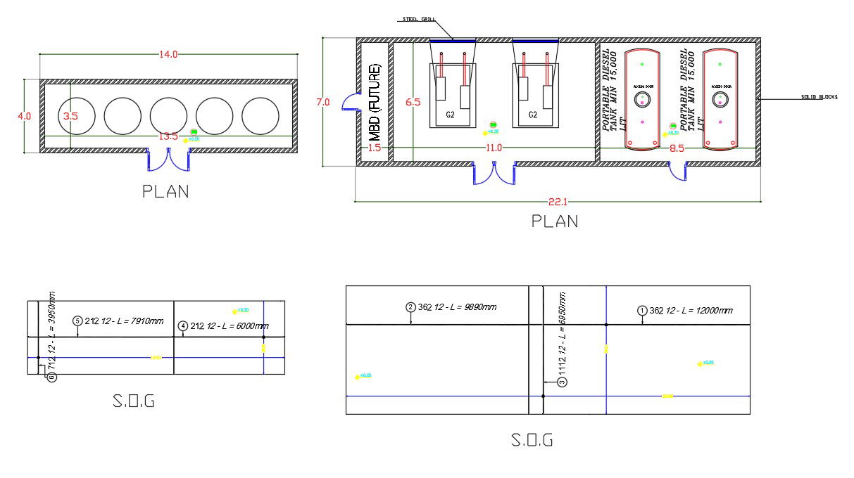 Plan of SOG of Water Station and SOG of Generator and tanks are given in 2D Autocad DWG drawing file. Download the Autocad 2D DWG file.