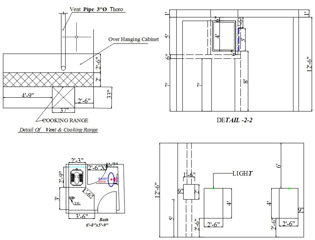 Plan of toilet-bathroom and detail of vent & cooing range design in AutoCAD drawing, CAD file, dwg file