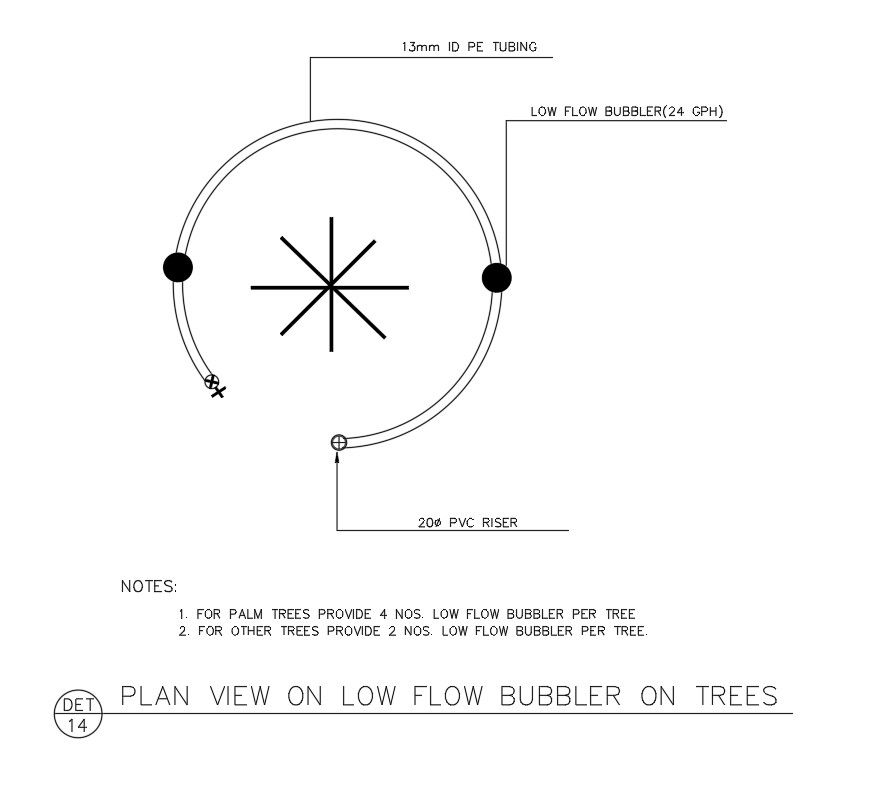 Plan view on low flow bubbler on trees in AutoCAD 2D drawing, dwg file, CAD file