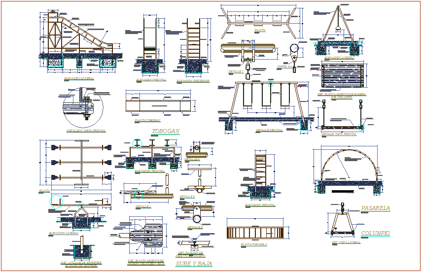 Playing equipment steel structure view for school ground dwg file