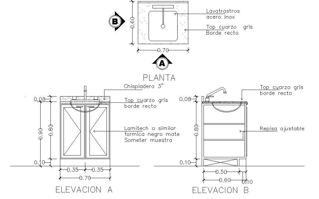 Plumbing detail of sink plan and elevation dwg file